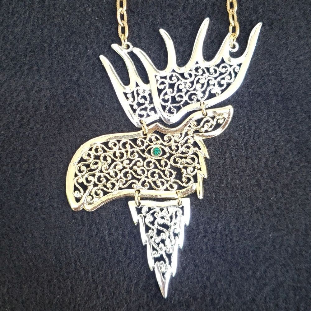 NWT Very Cool Silver Gold 22" Moose Pendant Swinging Necklace